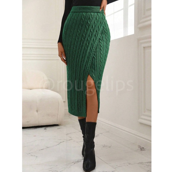 Faux Wrap Green Knit Midi Skirt with a Leg Slit - Picture 3 of 7